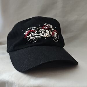Christine Alexander Black Cap with Motorcycle Design